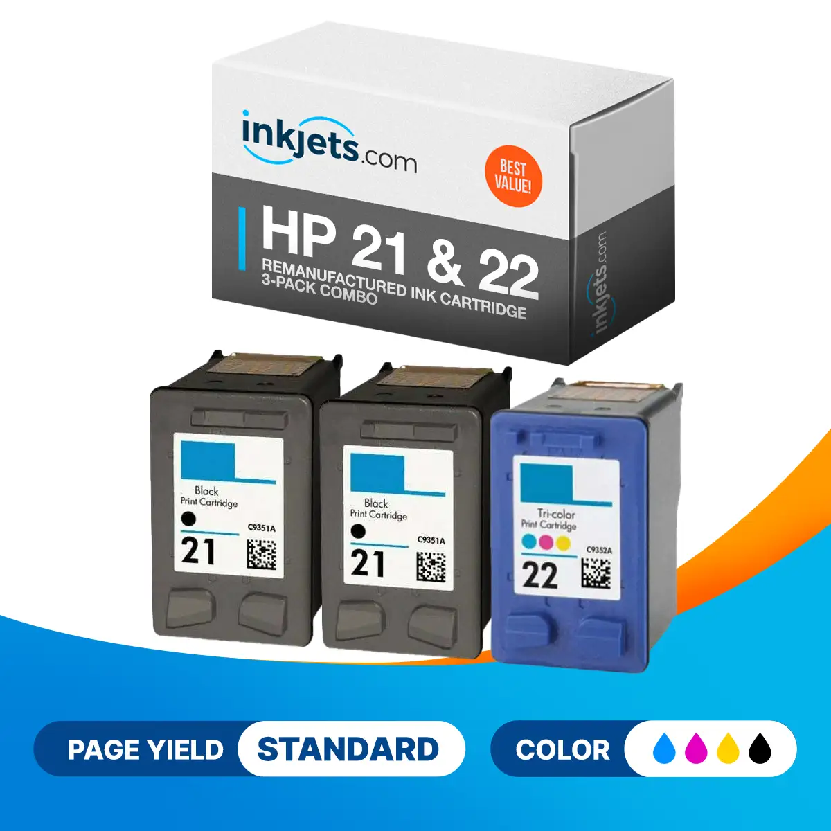 HP 21 & 22 Remanufactured Ink Cartridge 3-Pack Combo
