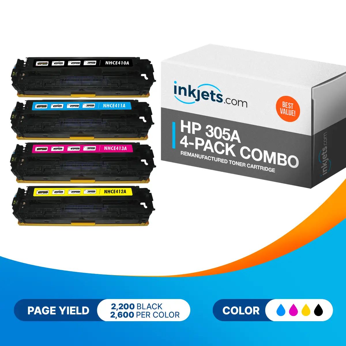 HP 305A Remanufactured Toner Cartridge 4-Pack Combo