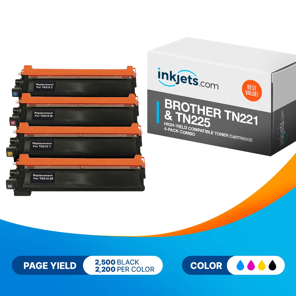 Brother TN221 & TN225 High-Yield Compatible Toner Cartridge 4-Pack Combo