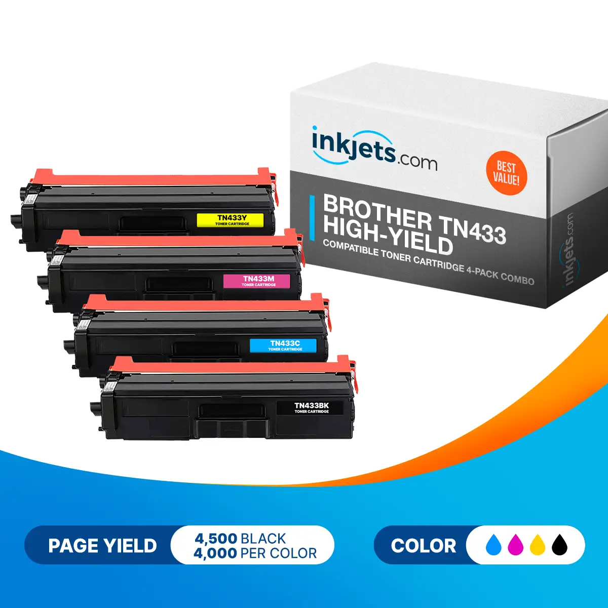 Brother TN433 High-Yield Compatible Toner Cartridge 4-Pack Combo