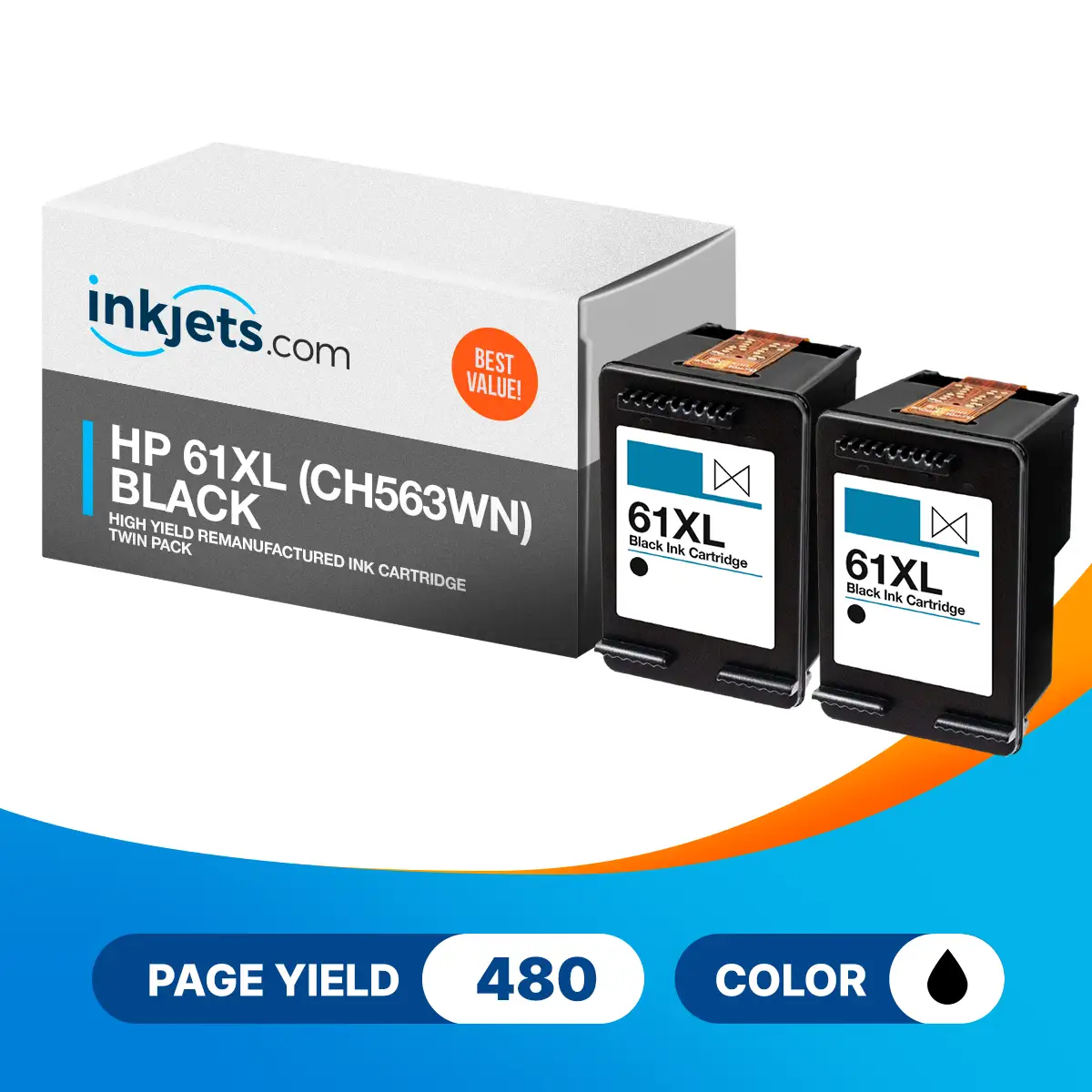 HP 61XL Black (CH563WN) Remanufactured High Yield Ink Cartridge Twin Pack