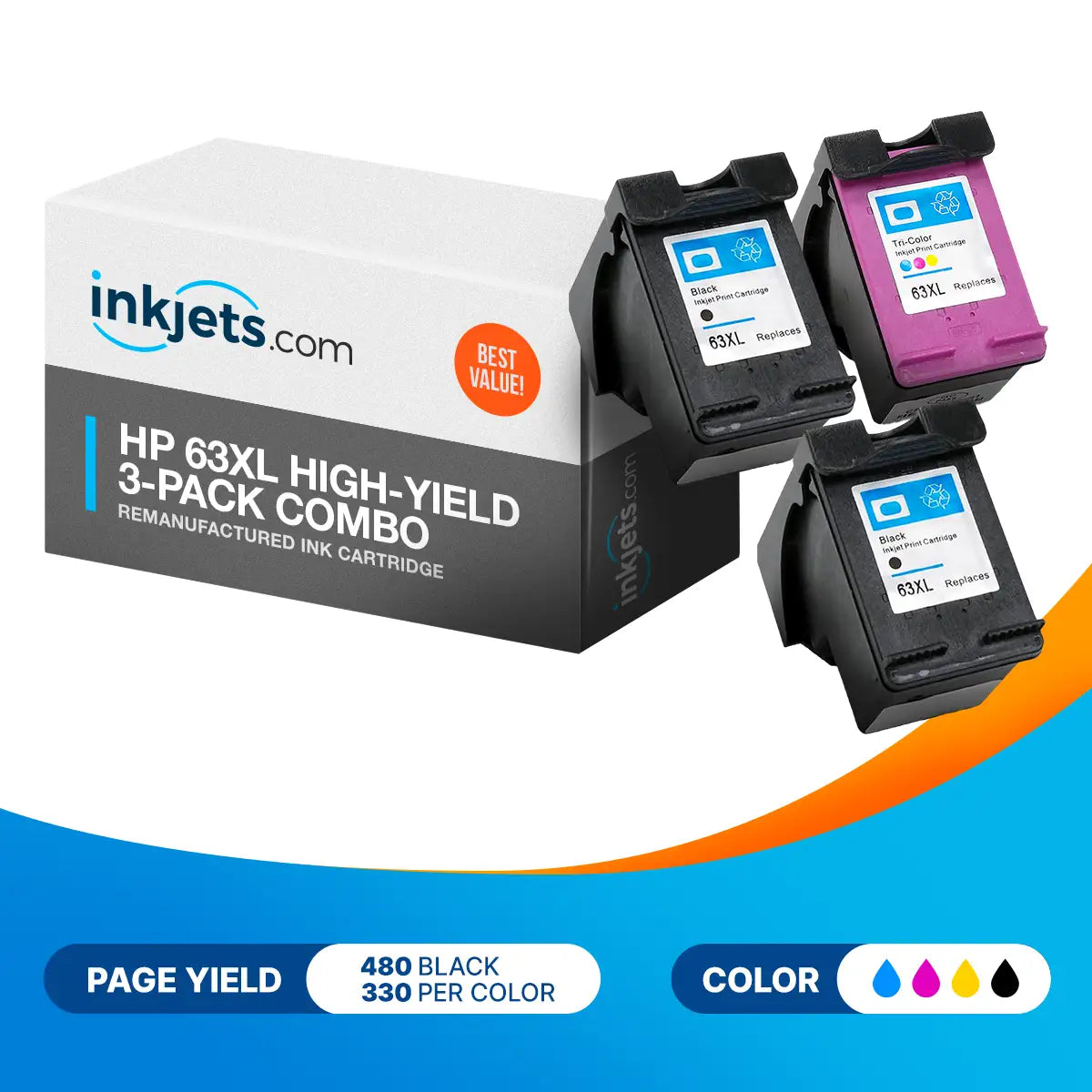 HP 63XL Remanufactured High-Yield Ink Cartridge 3-Pack Combo
