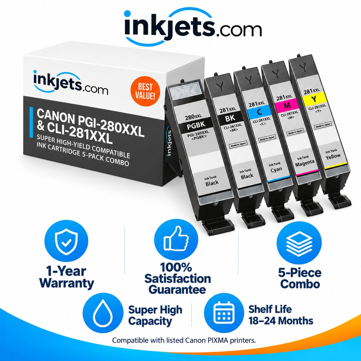 Canon PGI-280XXL & CLI-281XXL Super High-Yield Compatible Ink Cartridge 5-Pack Combo
