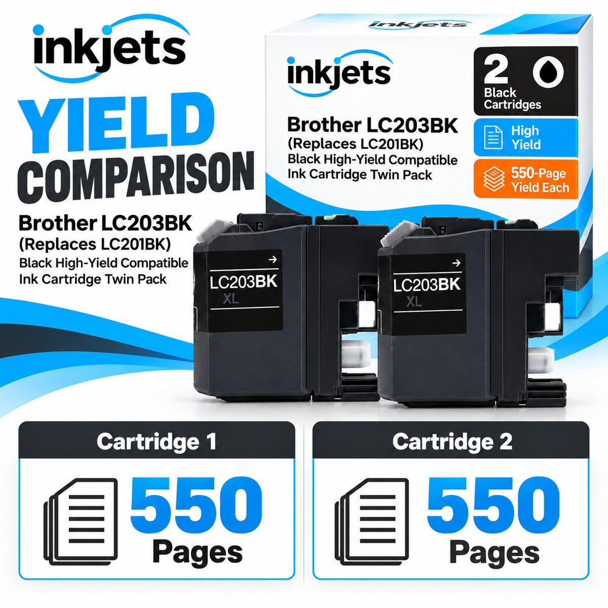 Brother LC203BK (Replaces LC201BK) Black High-Yield Compatible Ink Cartridge Twin Pack