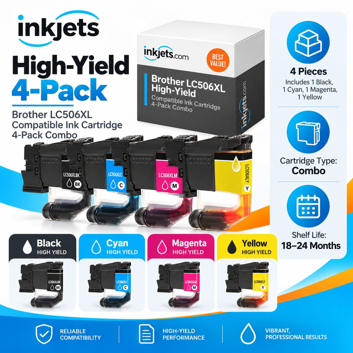 Brother LC506XL High Yield Compatible Ink Cartridge 4-Pack Combo