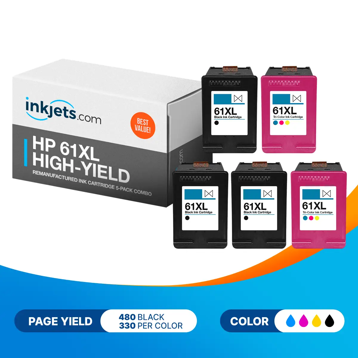 HP 61XL High-Yield Remanufactured Ink Cartridge 5-Pack Combo
