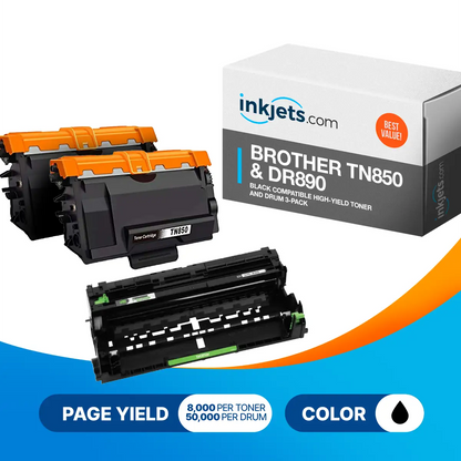 Brother TN850 & DR890 Black Compatible High-Yield Toner and Drum 3-Pack