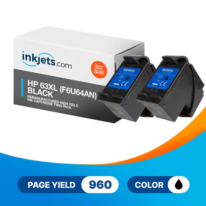 HP 63XL Black (F6U64AN) Remanufactured High Yield Ink Cartridge Twin Pack