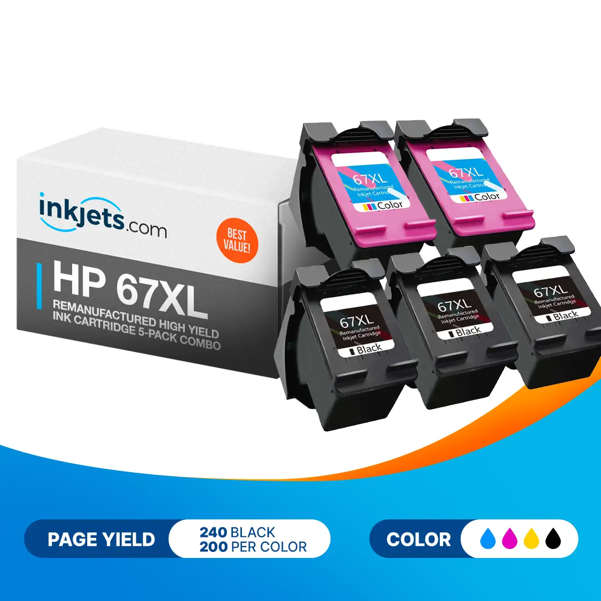HP 67XL Remanufactured High Yield Ink Cartridge 5-Pack Combo