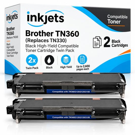 Brother TN360 (Replaces TN330) Black High-Yield Compatible Toner Cartridge Twin Pack
