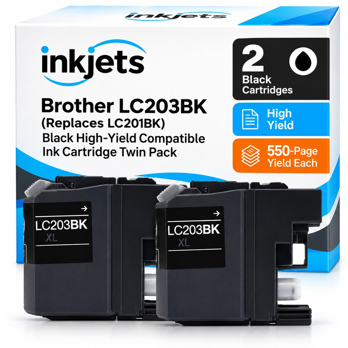 Brother LC203BK (Replaces LC201BK) Black High-Yield Compatible Ink Cartridge Twin Pack