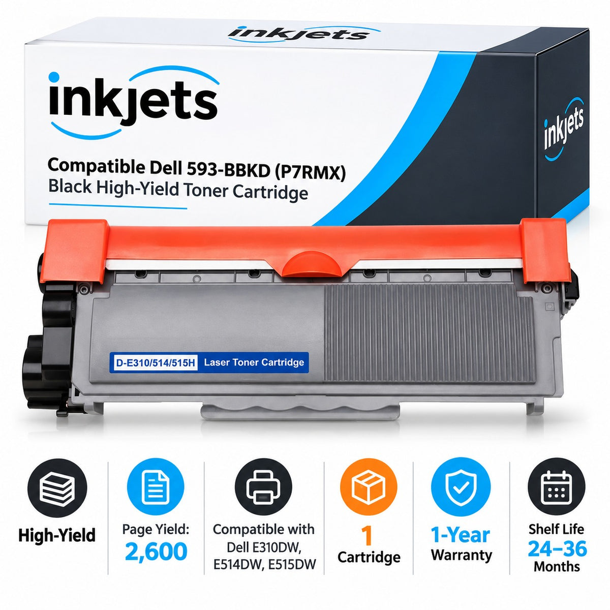 Dell 593-BBKD (P7RMX) Black High-Yield Compatible Toner Cartridge