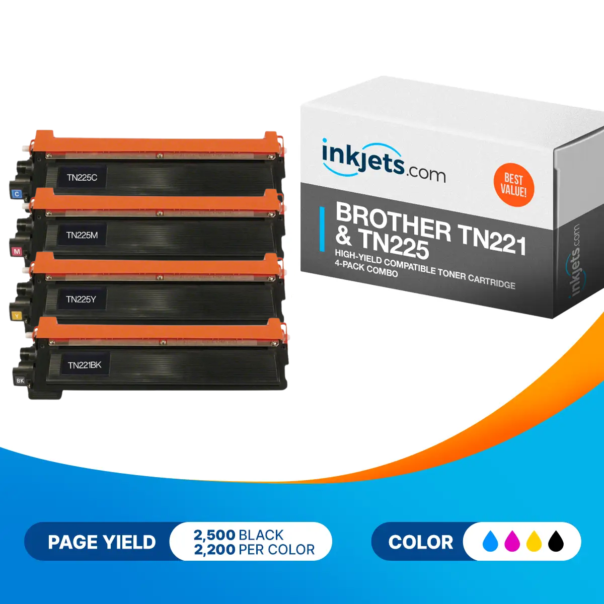 Brother TN221 & TN225 High-Yield Compatible Toner Cartridge 4-Pack Combo