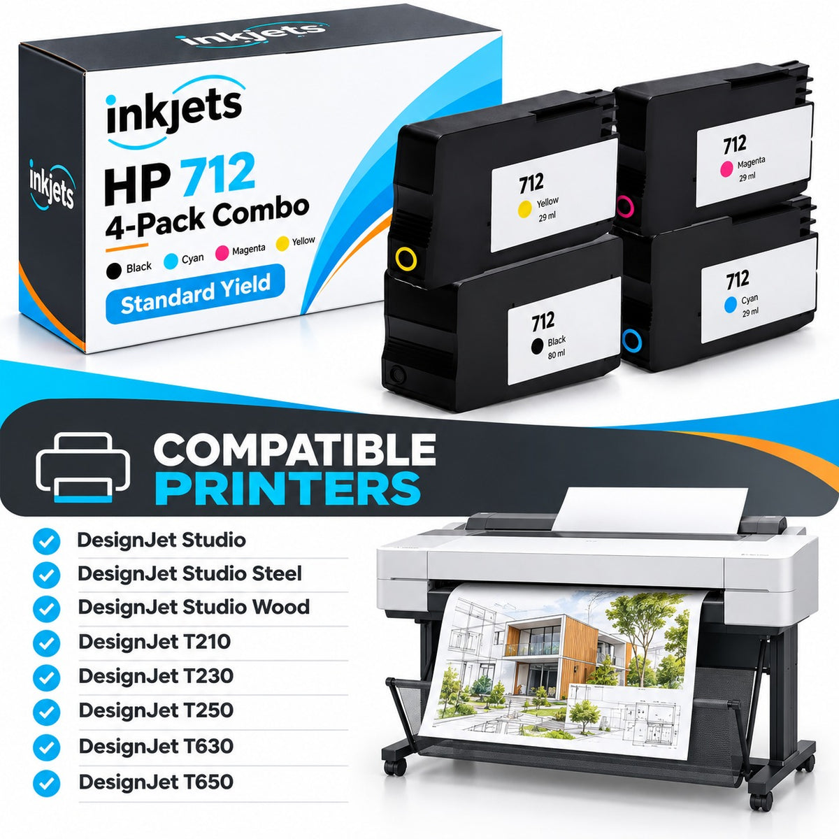 Remanufactured HP 712 Standard Yield Ink Cartridge 4-Piece Combo Pack