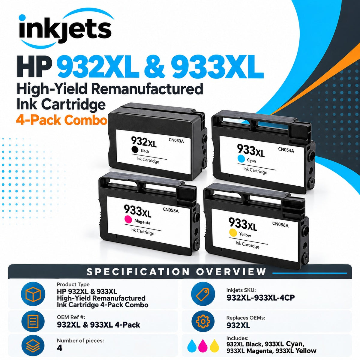HP 932XL & 933XL High-Yield Remanufactured Ink Cartridge 4-Pack Combo