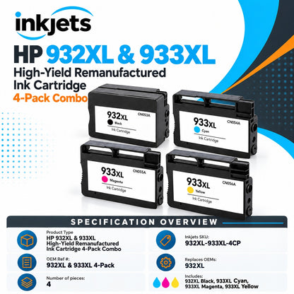HP 932XL & 933XL High-Yield Remanufactured Ink Cartridge 4-Pack Combo