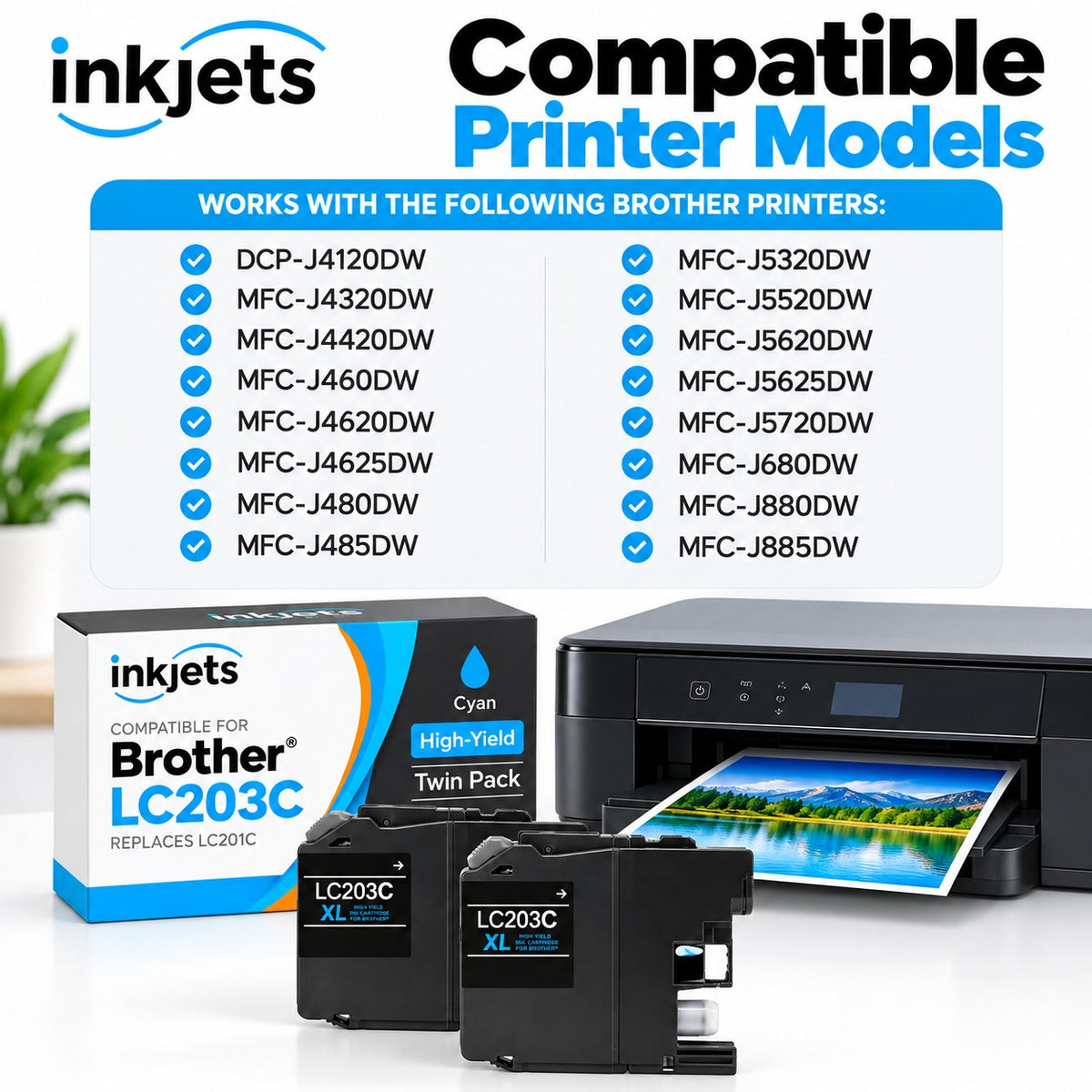 Brother LC203C (Replaces LC201C) Cyan High-Yield Compatible Ink Cartridge Twin Pack