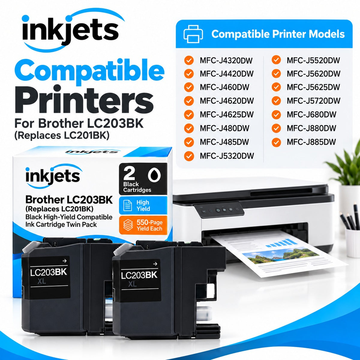 Brother LC203BK (Replaces LC201BK) Black High-Yield Compatible Ink Cartridge Twin Pack