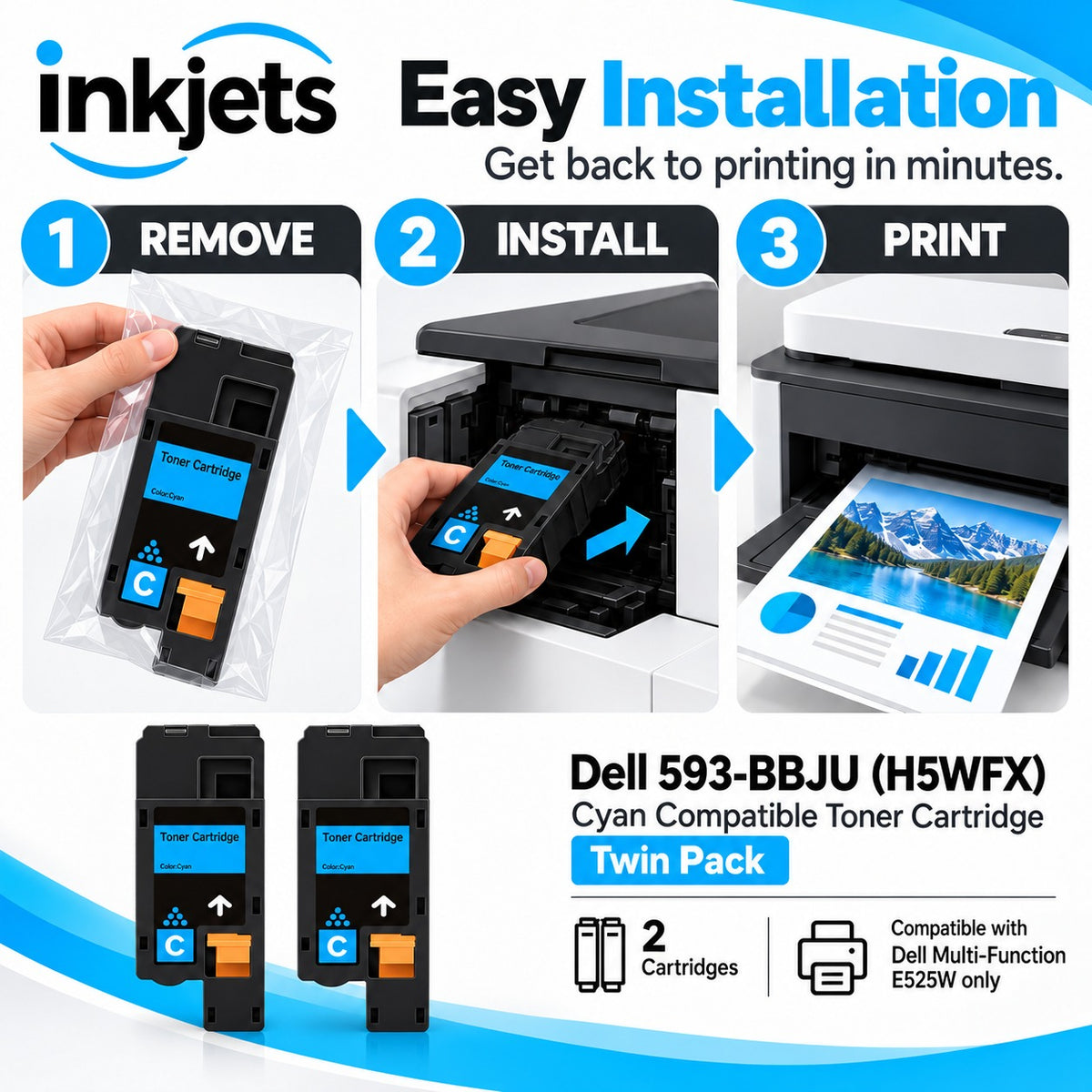 Dell 593-BBJU (H5WFX) Cyan Compatible Toner Cartridge Twin Pack