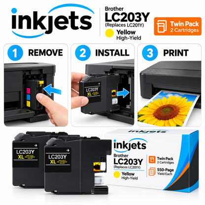 Brother LC203Y (Replaces LC201Y) Yellow High-Yield Compatible Ink Cartridge Twin Pack