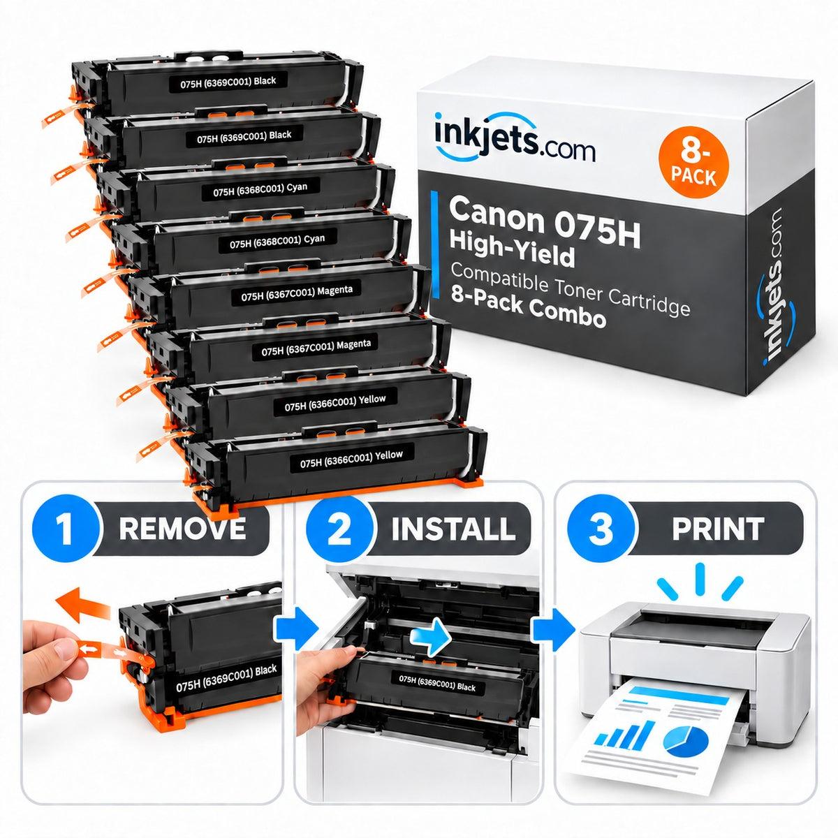 Canon 075H Compatible High-Yield Toner Cartridge 8-Pack Combo