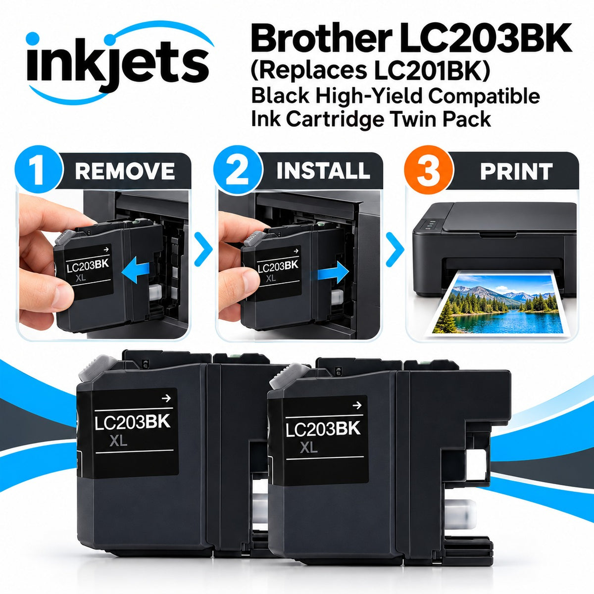 Brother LC203BK (Replaces LC201BK) Black High-Yield Compatible Ink Cartridge Twin Pack