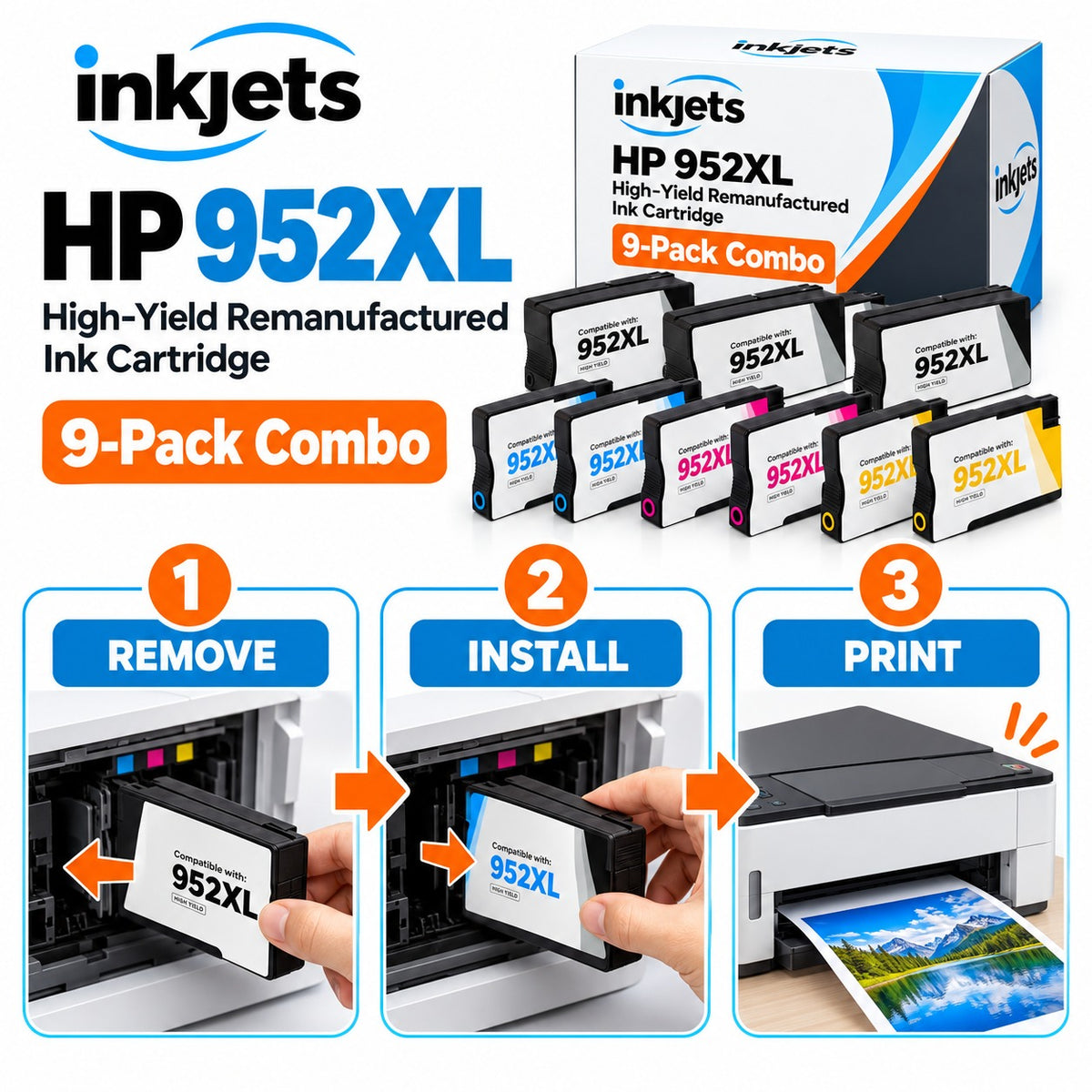 HP 952XL High-Yield Remanufactured Ink Cartridge 9-Pack Combo