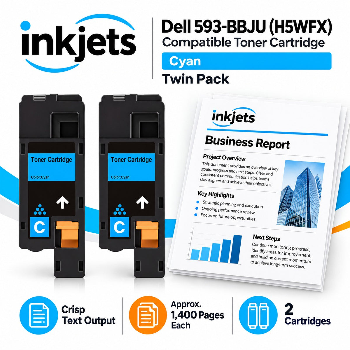 Dell 593-BBJU (H5WFX) Cyan Compatible Toner Cartridge Twin Pack