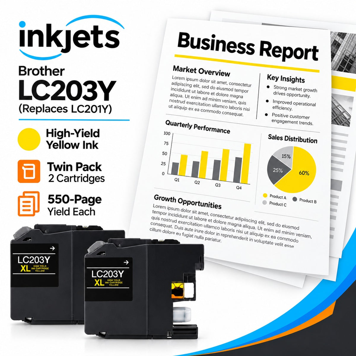 Brother LC203Y (Replaces LC201Y) Yellow High-Yield Compatible Ink Cartridge Twin Pack