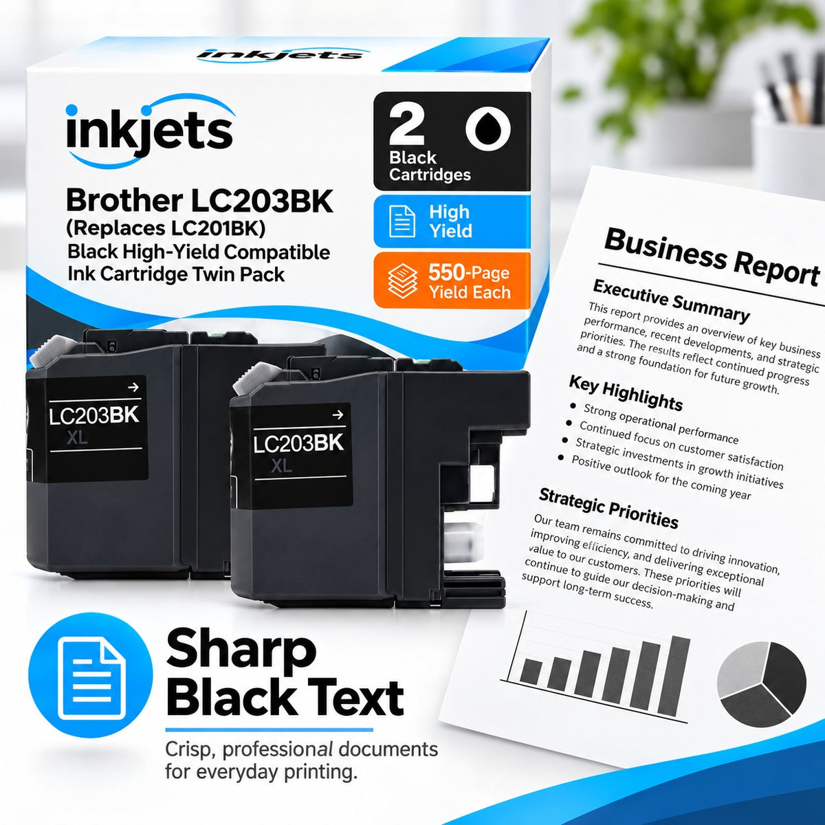 Brother LC203BK (Replaces LC201BK) Black High-Yield Compatible Ink Cartridge Twin Pack