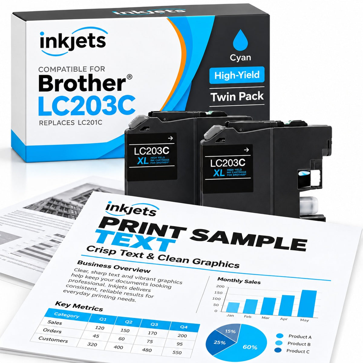 Brother LC203C (Replaces LC201C) Cyan High-Yield Compatible Ink Cartridge Twin Pack