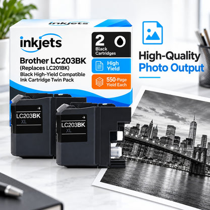 Brother LC203BK (Replaces LC201BK) Black High-Yield Compatible Ink Cartridge Twin Pack