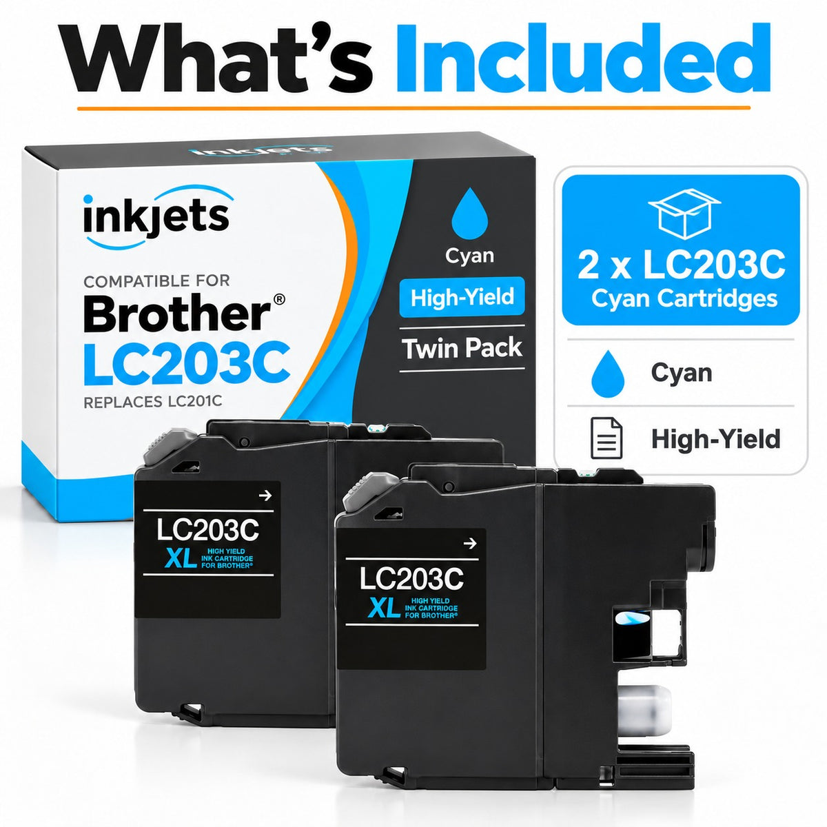 Brother LC203C (Replaces LC201C) Cyan High-Yield Compatible Ink Cartridge Twin Pack
