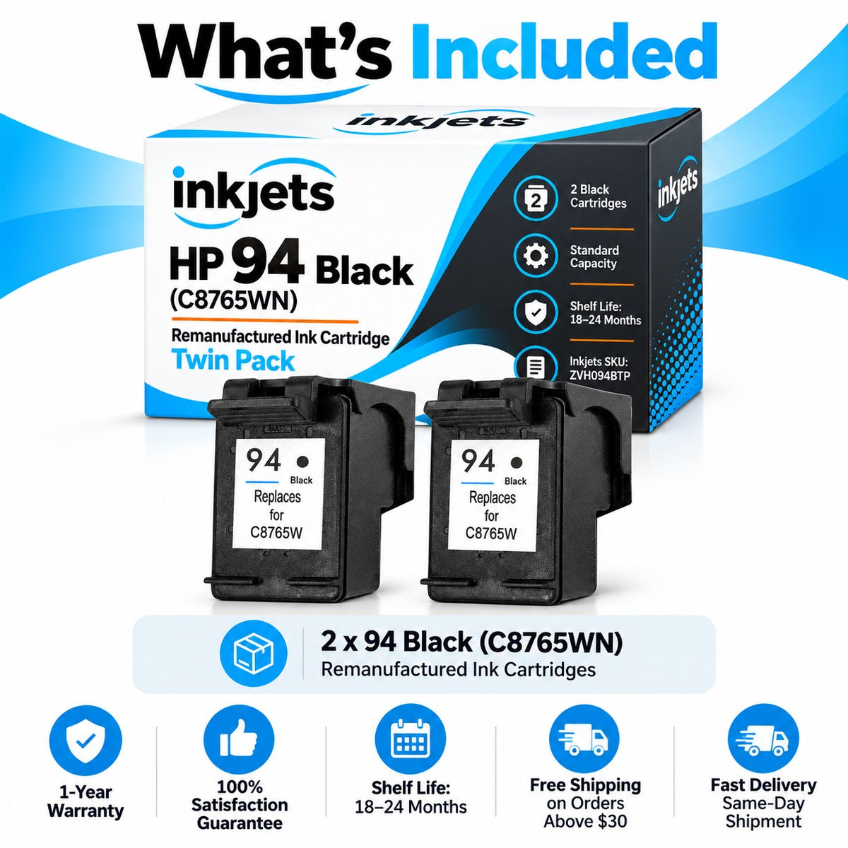 HP 94 Black (C8765WN) Remanufactured Ink Cartridge Twin Pack