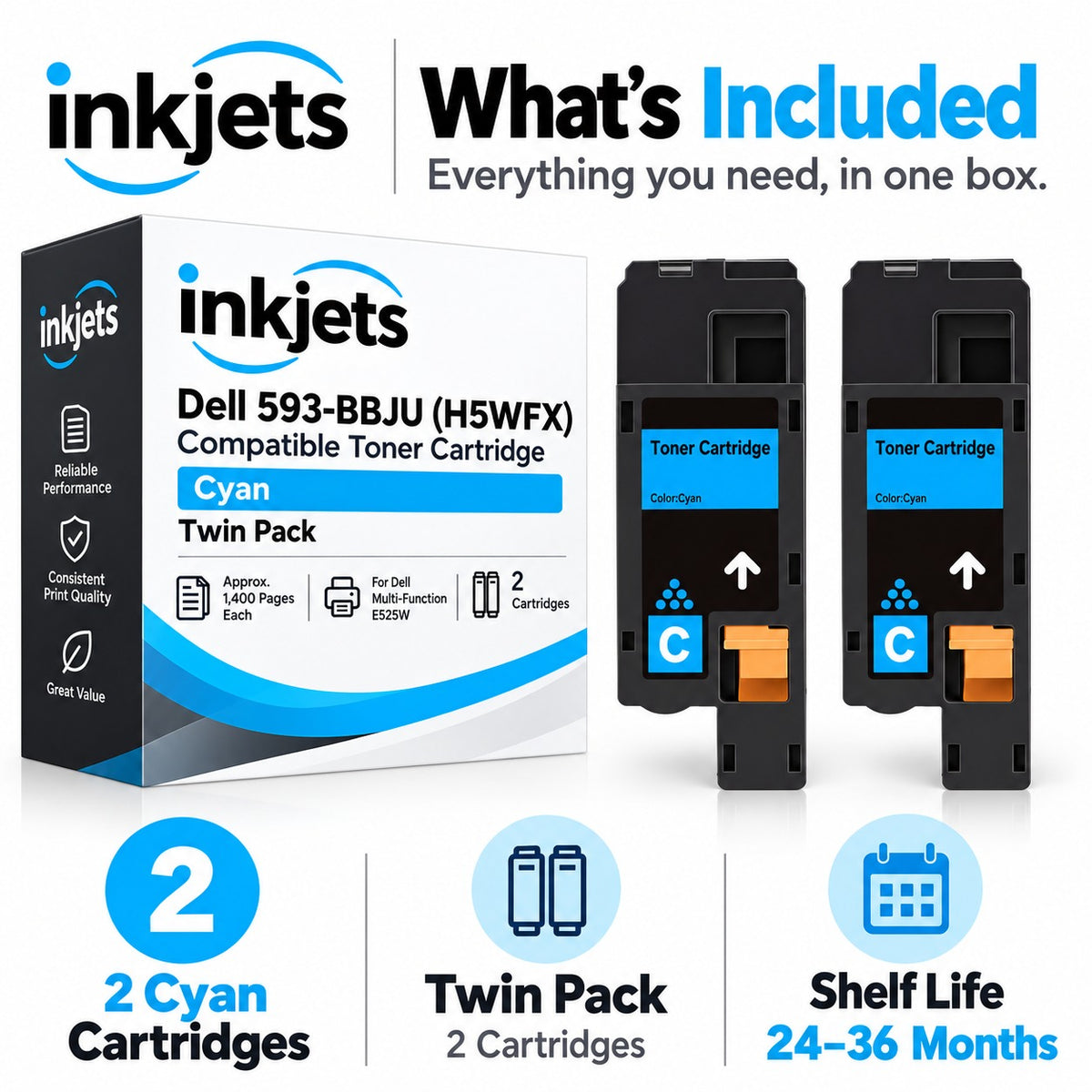 Dell 593-BBJU (H5WFX) Cyan Compatible Toner Cartridge Twin Pack