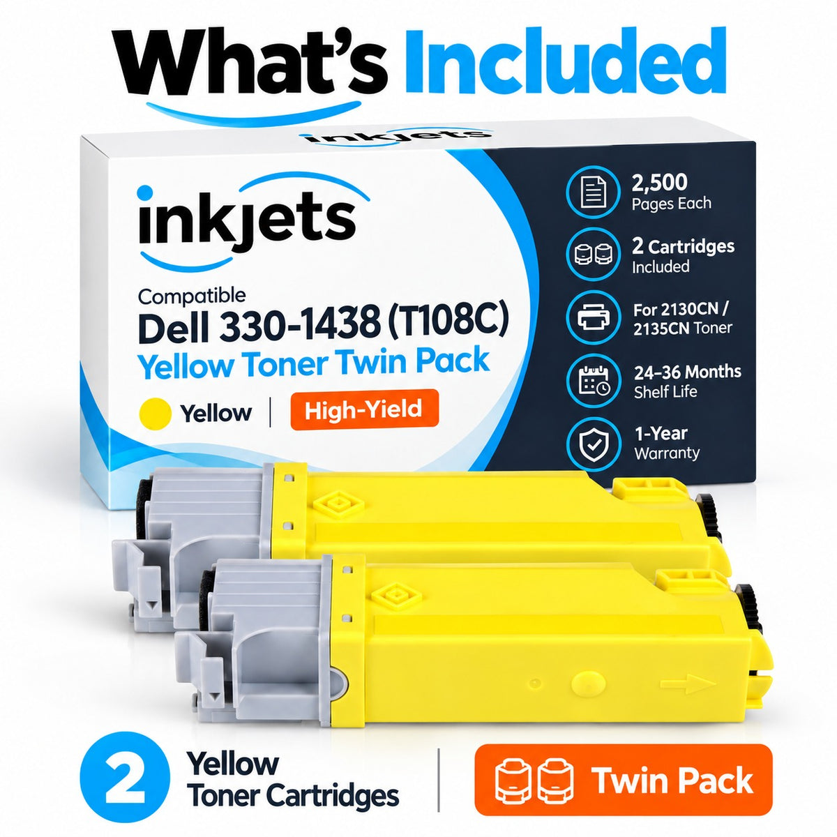 Dell 330-1438 (T108C) Yellow High-Yield Compatible Toner Cartridge Twin Pack