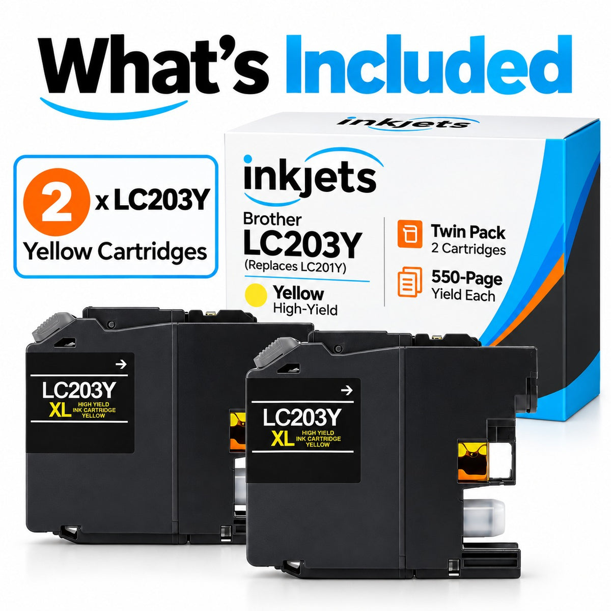 Brother LC203Y (Replaces LC201Y) Yellow High-Yield Compatible Ink Cartridge Twin Pack