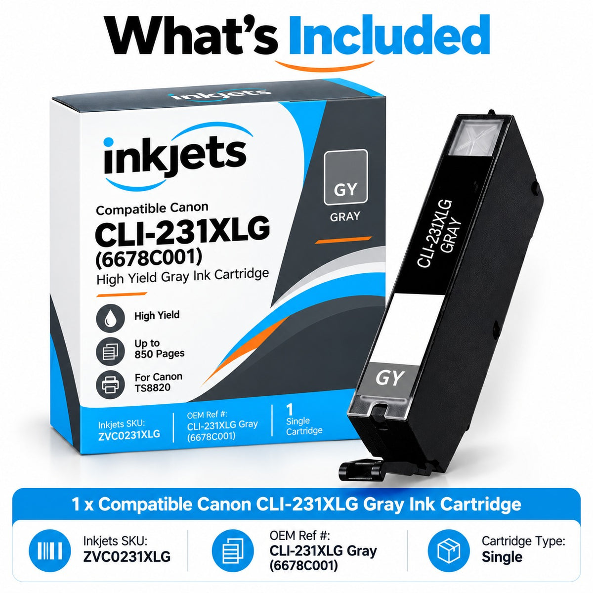 Compatible Canon CLI-231XLG (6678C001) High Yield Gray Ink Cartridge