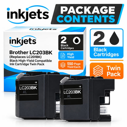 Brother LC203BK (Replaces LC201BK) Black High-Yield Compatible Ink Cartridge Twin Pack