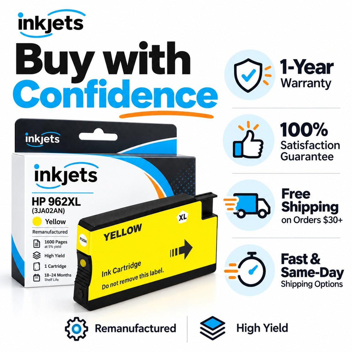 HP 962XL (3JA02AN) Yellow High-Yield Remanufactured Ink Cartridge
