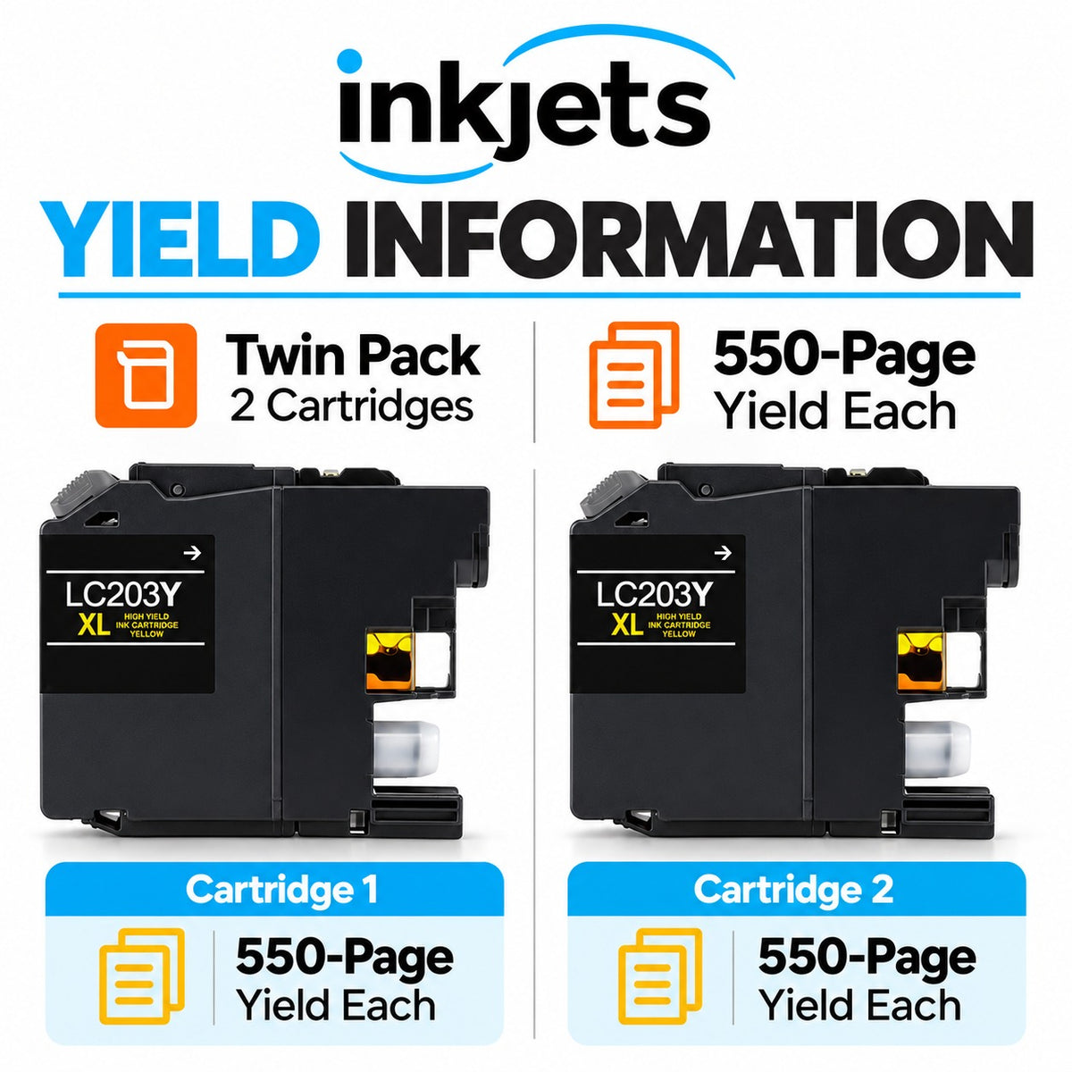 Brother LC203Y (Replaces LC201Y) Yellow High-Yield Compatible Ink Cartridge Twin Pack