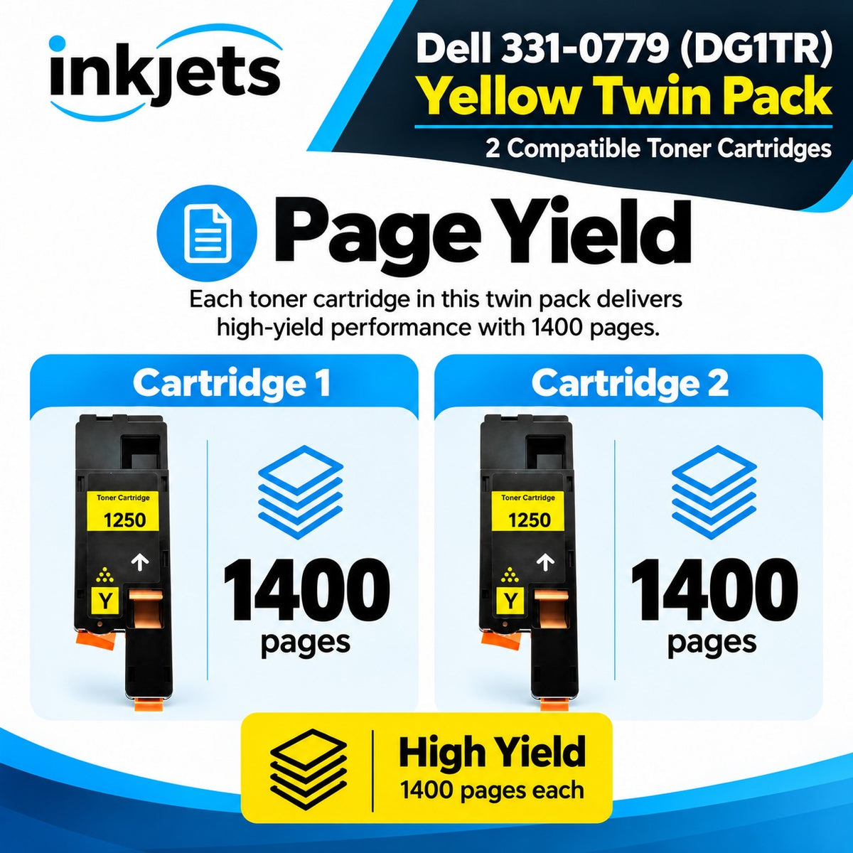 Dell 331-0779 (DG1TR) Yellow High-Yield Compatible Toner Cartridge Twin Pack
