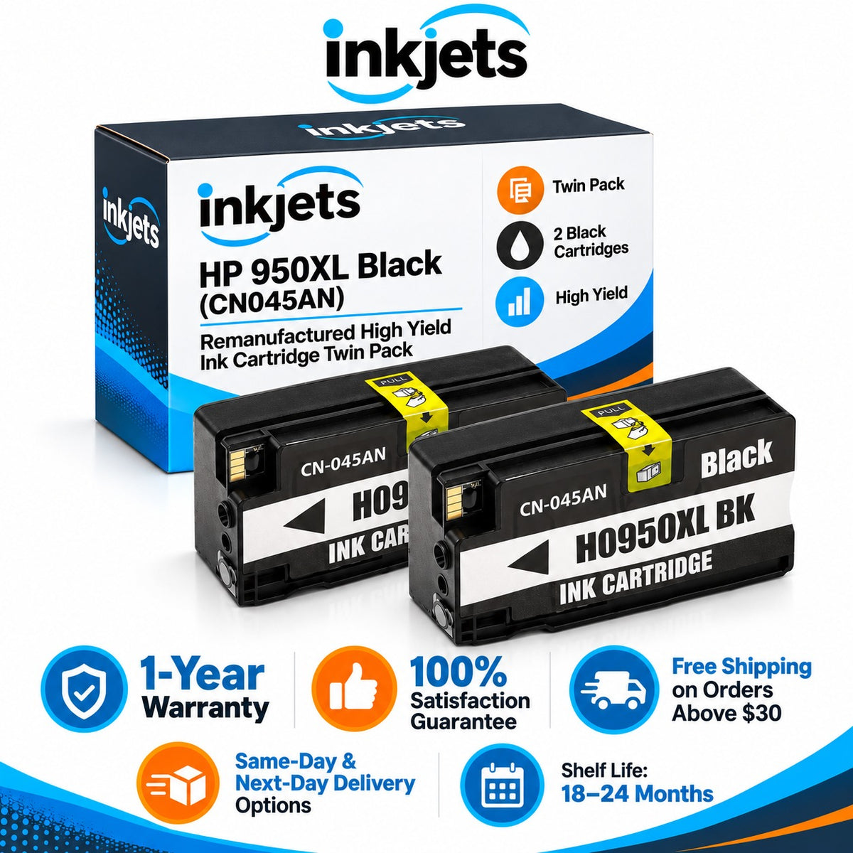 HP 950XL Black (CN045AN) Remanufactured High Yield Ink Cartridge Twin Pack