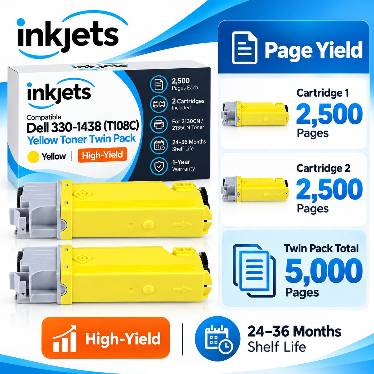 Dell 330-1438 (T108C) Yellow High-Yield Compatible Toner Cartridge Twin Pack