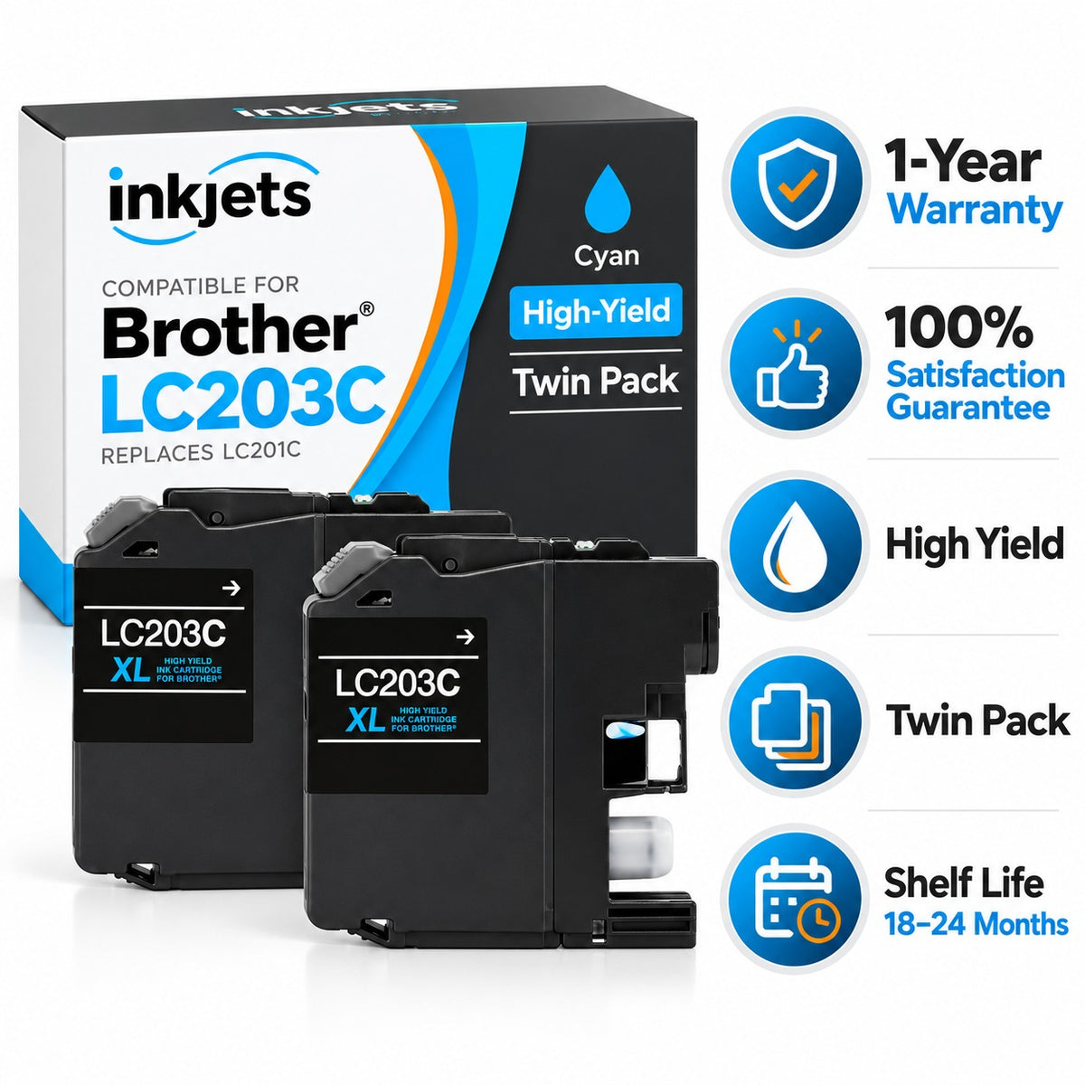 Brother LC203C (Replaces LC201C) Cyan High-Yield Compatible Ink Cartridge Twin Pack