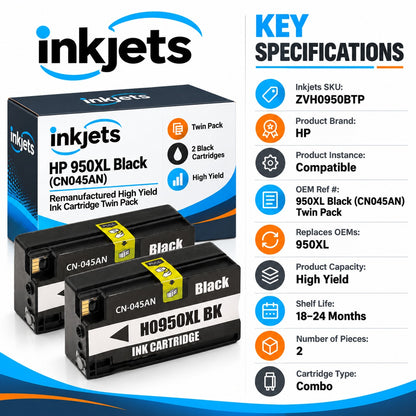 HP 950XL Black (CN045AN) Remanufactured High Yield Ink Cartridge Twin Pack