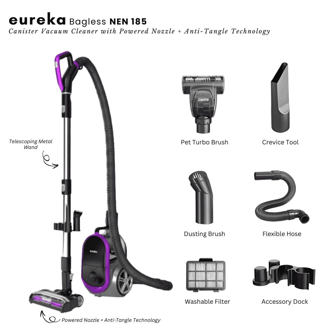 Eureka Bagless Canister Vacuum Cleaner with Powered Nozzle & Anti-Tangle Technology (NEN 185)