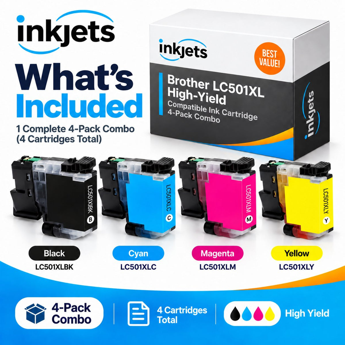 Brother LC501XL High Yield Compatible Ink Cartridge 4-Pack Combo