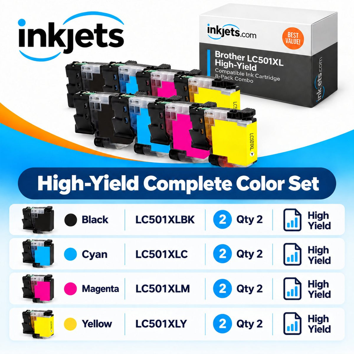 Brother LC501XL High Yield Compatible Ink Cartridge 8-Pack Combo