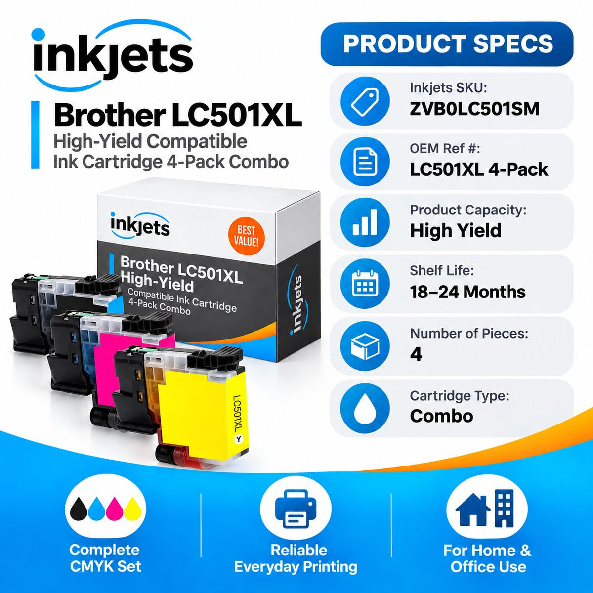 Brother LC501XL High Yield Compatible Ink Cartridge 4-Pack Combo